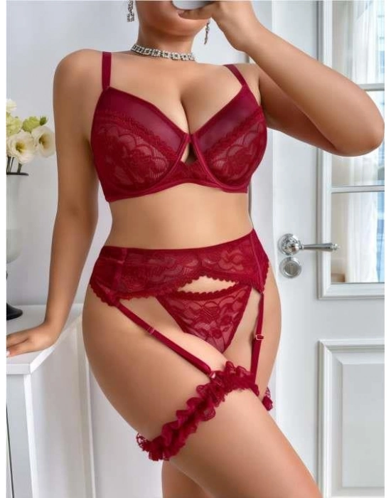 Büyük Beden Bordo Dantel İşlemeli Sütyenli Fantezi Jartiyer Takımı