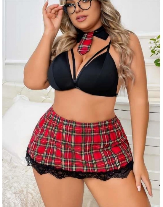 Büyük Beden Ekose Desen Mini Etekli Fantezi Kostümü