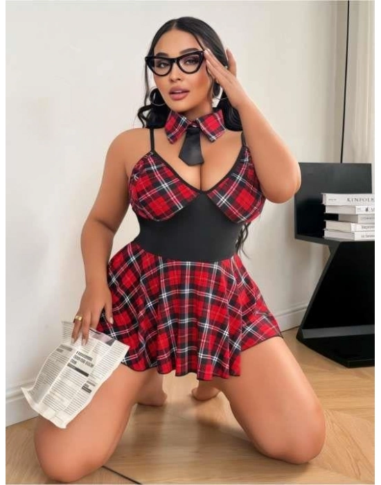 Büyük Beden Ekoseli Kravatlı Liseli Fantezi Kostüm