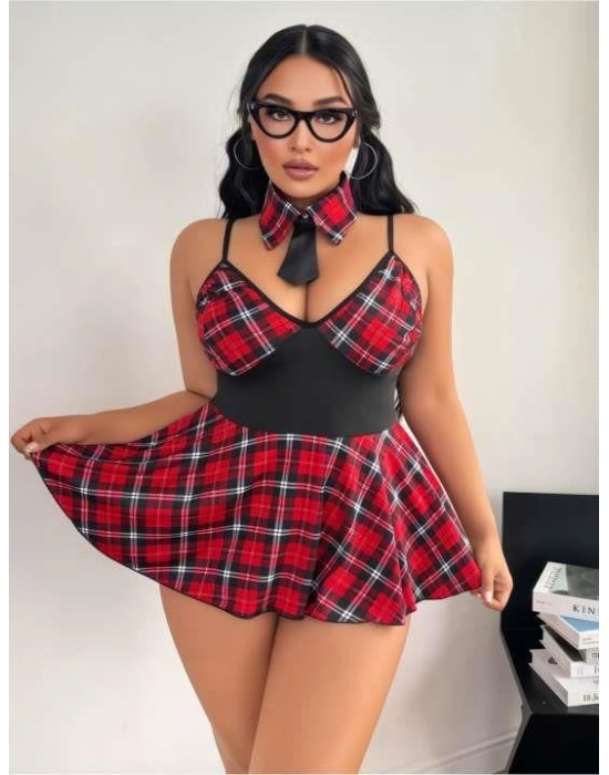 Büyük Beden Ekoseli Kravatlı Liseli Fantezi Kostüm