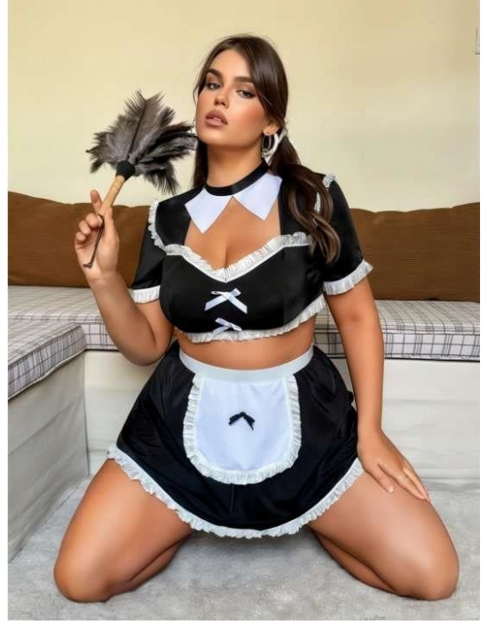 Büyük Beden Mini Etekli Büstiyerli Fantezi Hizmetçi Kostümü