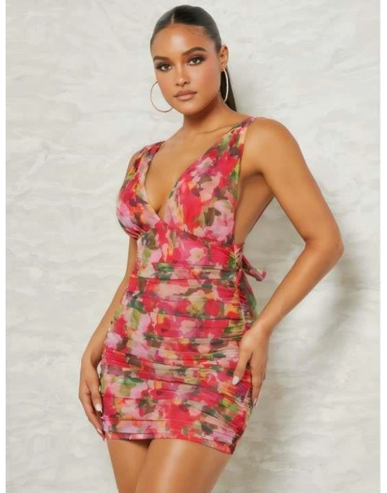 Çiçek Desenli Büzgülü Arkadan Bağlamalı Fantezi Elbise