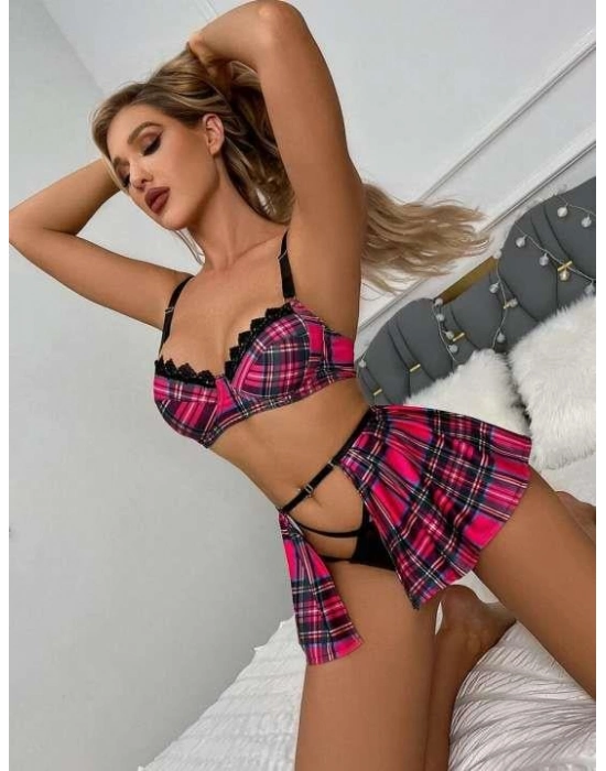 Ekose Etek Desenli Sütyenli Fantezi Kostüm