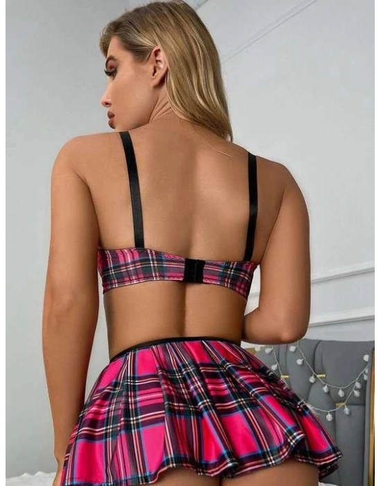 Ekose Etek Desenli Sütyenli Fantezi Kostüm