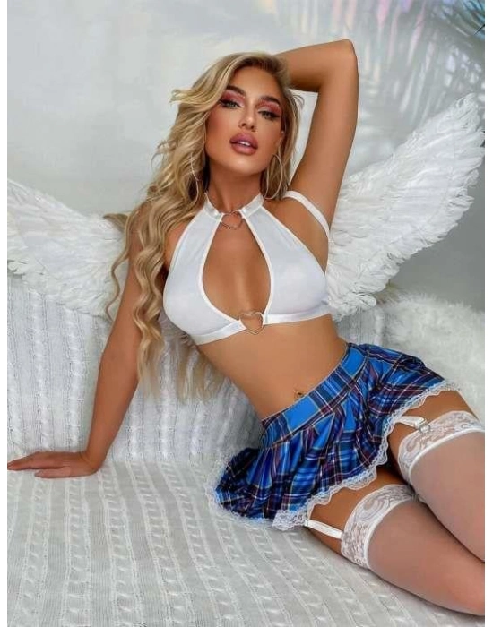 Ekose Mavi Etek Desenli Sütyenli Jartiyerli Fantezi Kostüm