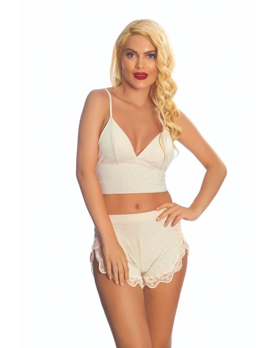 Ekru Lcralı Babydoll Şortlu Takım - 319