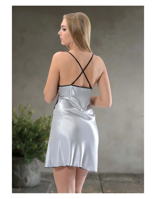 Gri Dantelli Saten Gecelik - M-386