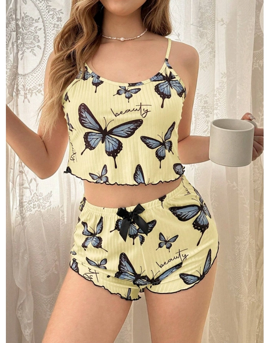 Kadın Sarı Kelebek Desenli Askılı Şortlu Ribana Pijama Takımı,rahat Ve Şık Ev Giyim,kadın Pijama