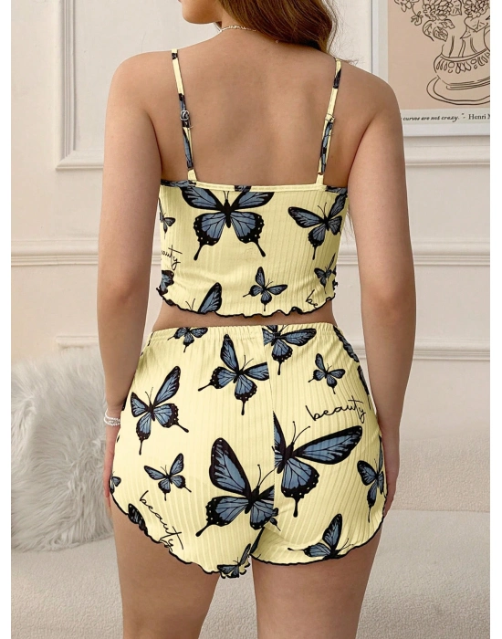 Kadın Sarı Kelebek Desenli Askılı Şortlu Ribana Pijama Takımı,rahat Ve Şık Ev Giyim,kadın Pijama
