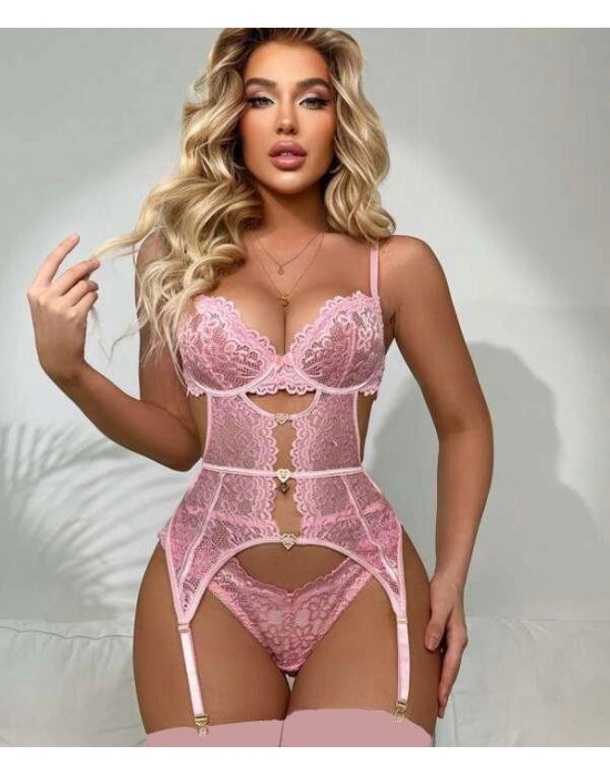 Kalp Aksesuarlı Dantelli Fantezi Pembe Jartiyer Takım