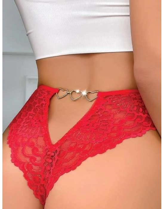 Kırmızı Dantel İşlemeli Arkası Kalp Detaylı Fantezi String Tanga