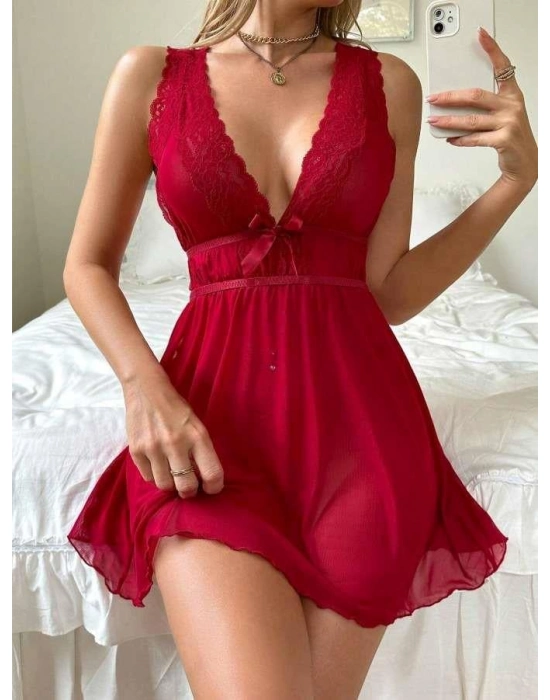 Kırmızı Dantel İşlemeli Tül Fantezi Gecelik