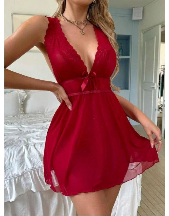 Kırmızı Dantel İşlemeli Tül Fantezi Gecelik