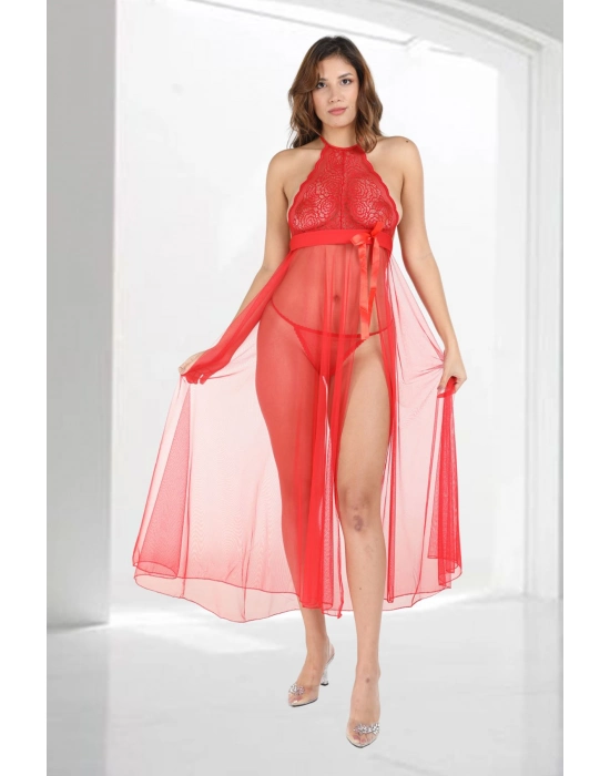 Kırmızı Dantelli Tül Gecelik - M057