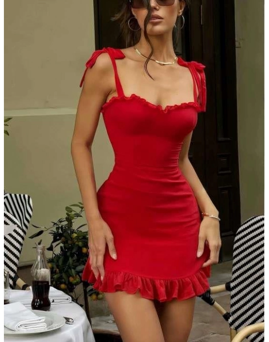 Kırmızı Fırfırlı Fantezi Mini Club Elbisesi