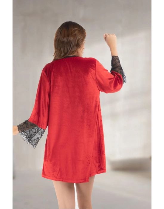 Kırmızı Kadife Sabahlık & Gecelik Takım 2 Li - 1442