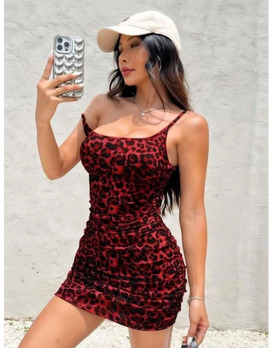Kırmızı Leopar Desenli Büzgülü Fantezi Elbise