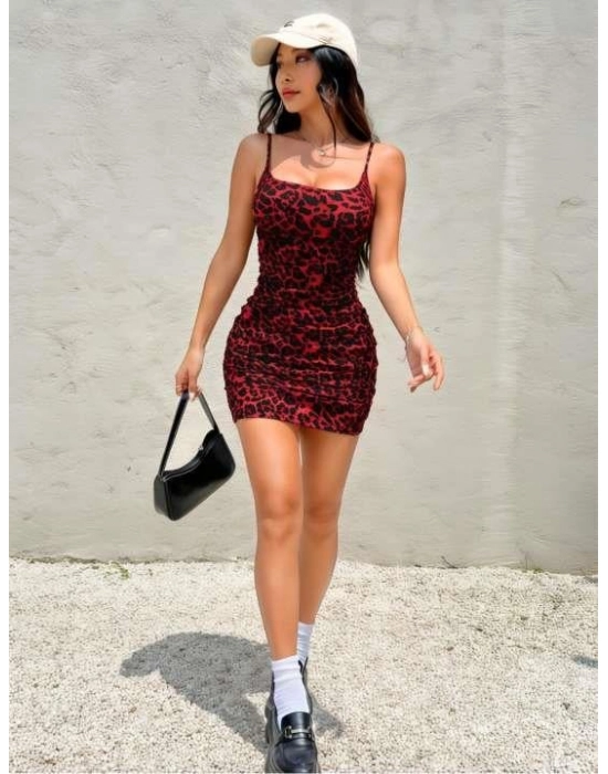 Kırmızı Leopar Desenli Büzgülü Fantezi Elbise