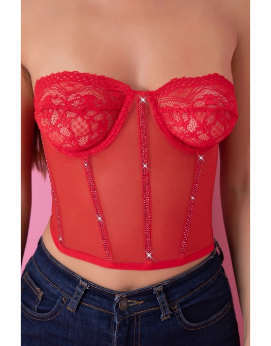 Kırmızı Özel Tasarım Taşlı  Büstiyer