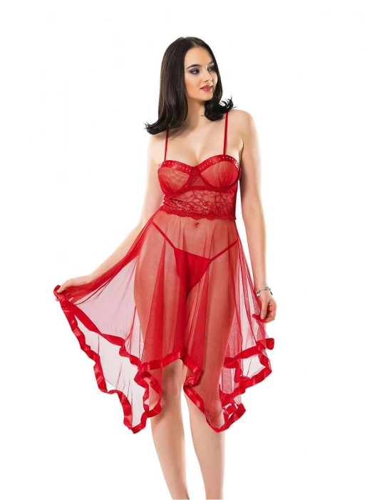 Kırmızı Petli Tül Şifon Gecelik - 229