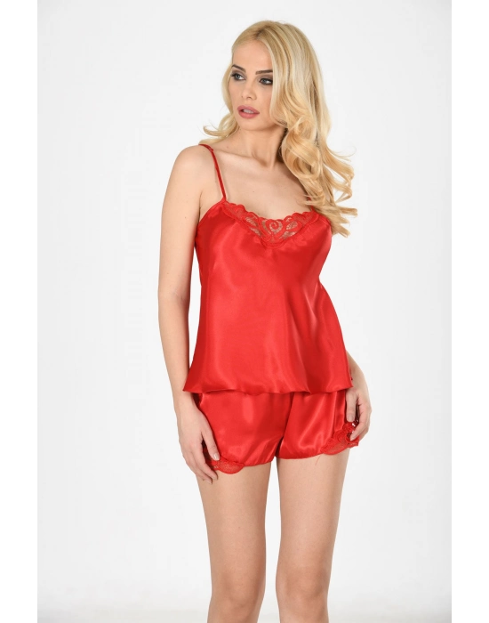 Kırmızı Saten Babydoll Şortlu Takım - 282