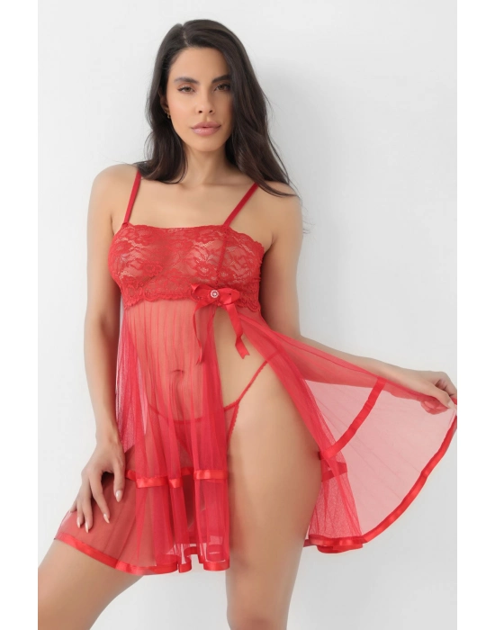 Kırmızı Şifon Pileli Gecelik-835