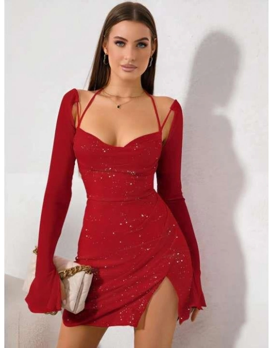 Kırmızı Yırtmaç Detay Simli Fantezi Mini Club Elbisesi
