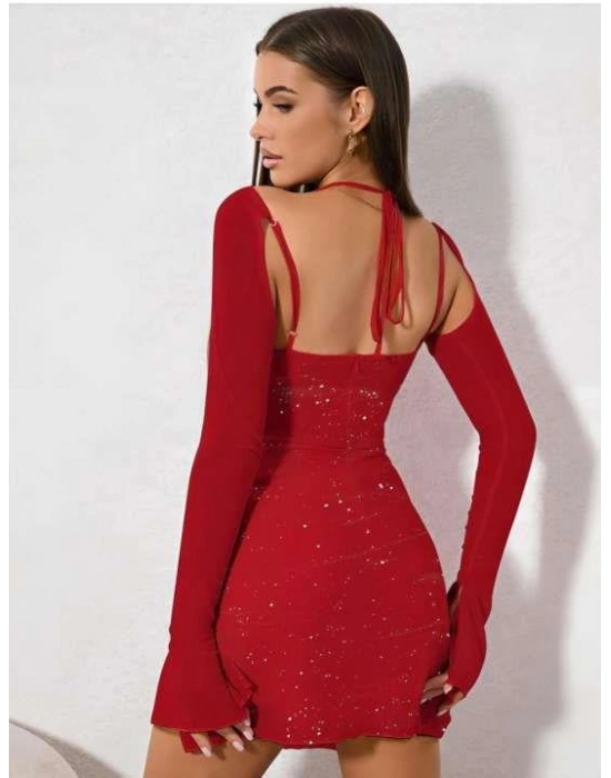 Kırmızı Yırtmaç Detay Simli Fantezi Mini Club Elbisesi
