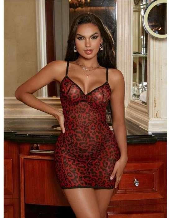 Leopar Desenli Sırt İp Detaylı Askılı Saten Kısa Fantezi Gecelik