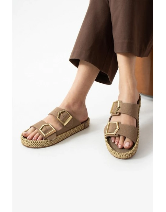 Loera Vizon Nubuk Çift Tokalı Terlik - Bamido