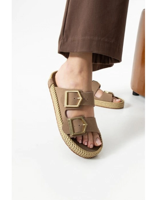 Loera Vizon Nubuk Çift Tokalı Terlik - Bamido