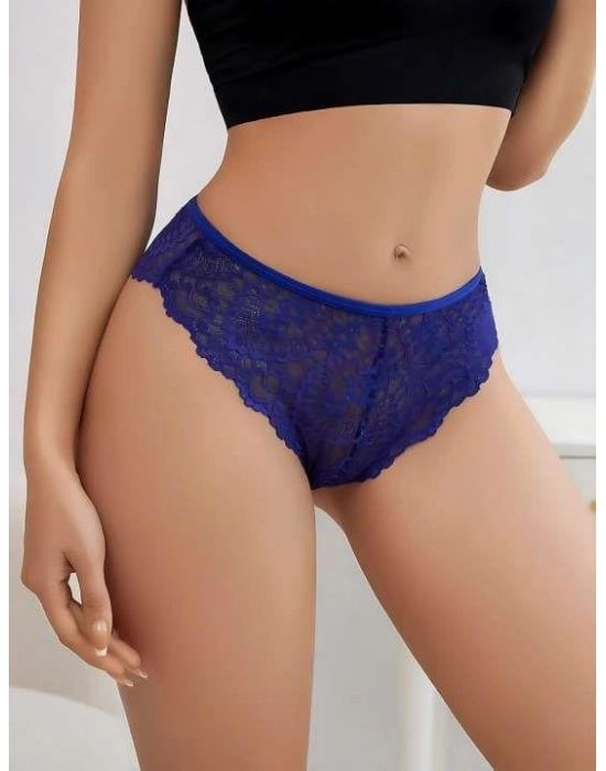 Mavi Dantel İşlemeli Arkası Kalp Detaylı Fantezi String Tanga