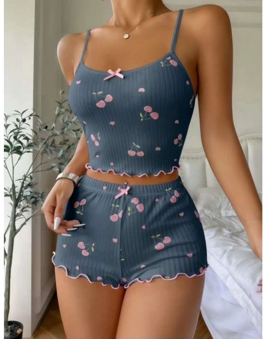 Mavi Kiraz Desenli Askılı Şortlu Pijama Takımı