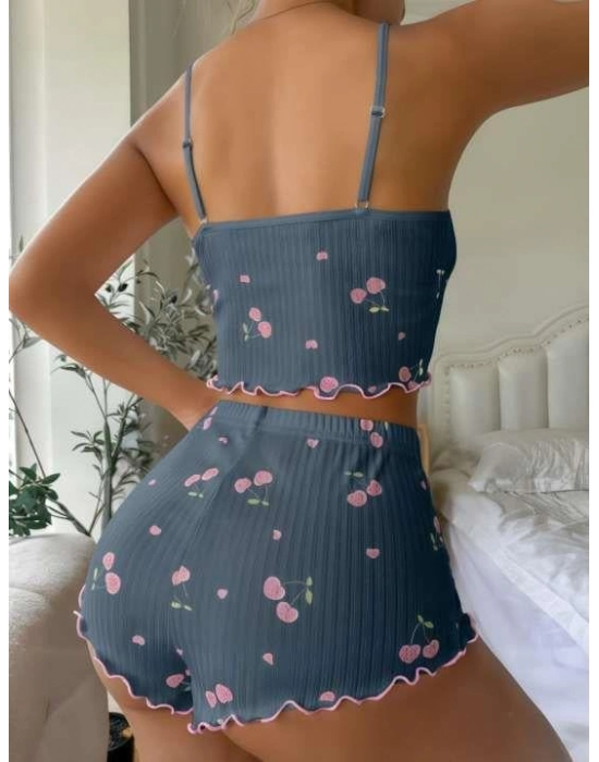 Mavi Kiraz Desenli Askılı Şortlu Pijama Takımı