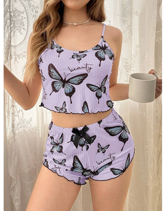 Mor Renk Kelebek Desenli Şortlu Ev Giyim Takımı,kadın Yazlık Askılı Pijama, Rahat Ve Şık Ev Giyim