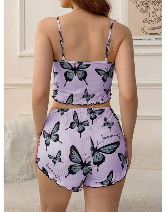 Mor Renk Kelebek Desenli Şortlu Ev Giyim Takımı,kadın Yazlık Askılı Pijama, Rahat Ve Şık Ev Giyim