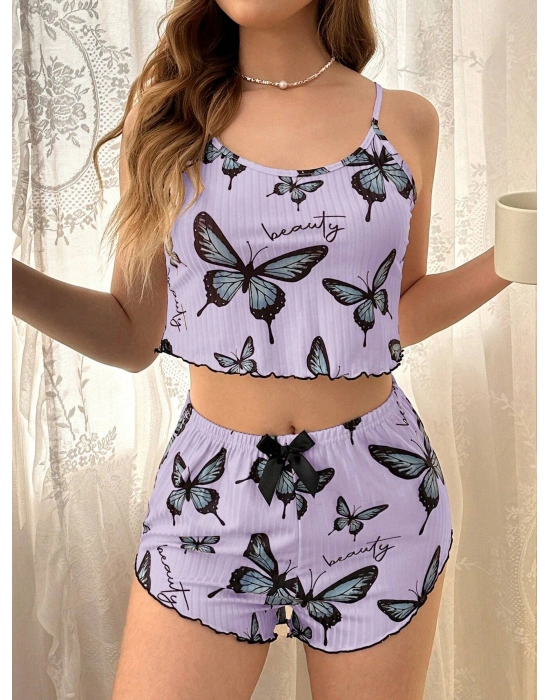 Mor Renk Kelebek Desenli Şortlu Ev Giyim Takımı,kadın Yazlık Askılı Pijama, Rahat Ve Şık Ev Giyim