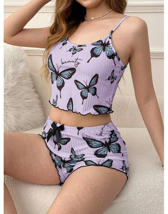 Mor Renk Kelebek Desenli Şortlu Ev Giyim Takımı,kadın Yazlık Askılı Pijama, Rahat Ve Şık Ev Giyim