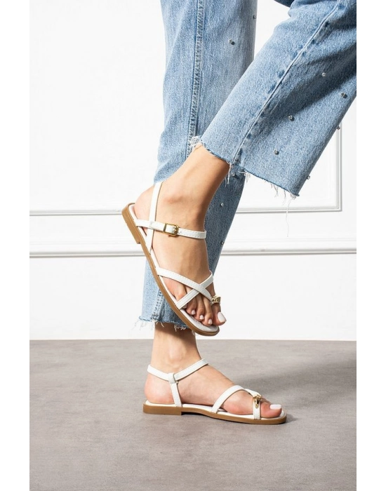 Nordi Beyaz Cilt Kemerli Sandalet - Bamido