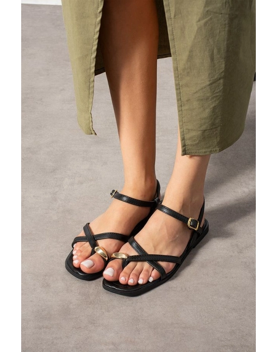 Nordi Siyah Cilt Kemerli Sandalet - Bamido