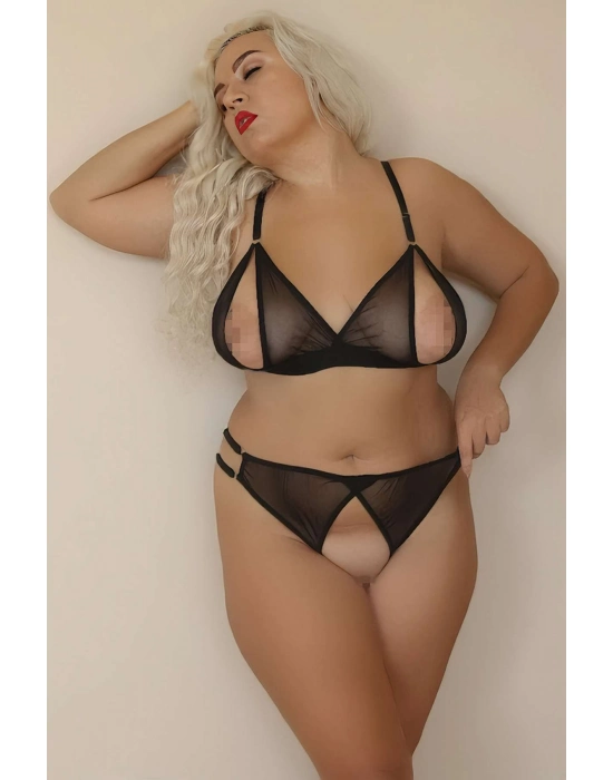 Özel Bölgeleri Açık Siyah Transparan Fantazi Sütyen Takımı Tm1307