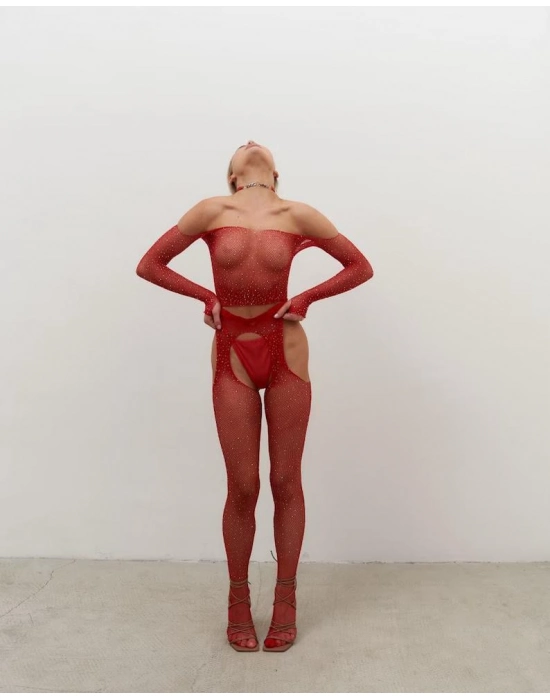 Özel Bölgesi Açık Kırmızı Taşlı Fantezi Vücut Çorabı