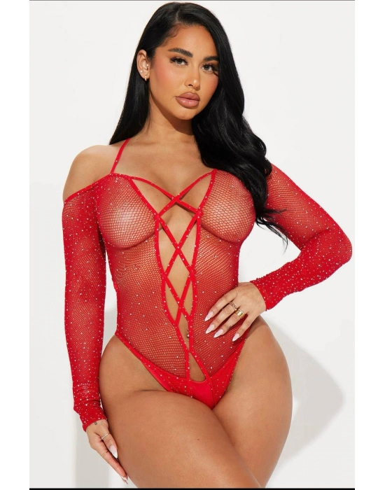 Özel Tasarım Kırmızı Taşlı Fantezi Vücut Çorabı