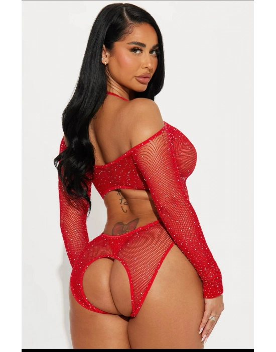 Özel Tasarım Kırmızı Taşlı Fantezi Vücut Çorabı