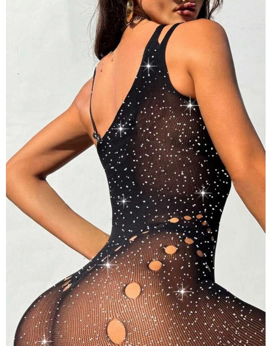 Özel Tasarım Siyah Taşlı Fantezi Vücut Çorabı