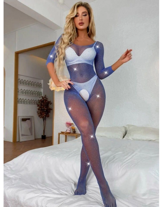 Özel Tasarım Taşlı Mavi Işıltılı Fantezi File Vücut Çorabı