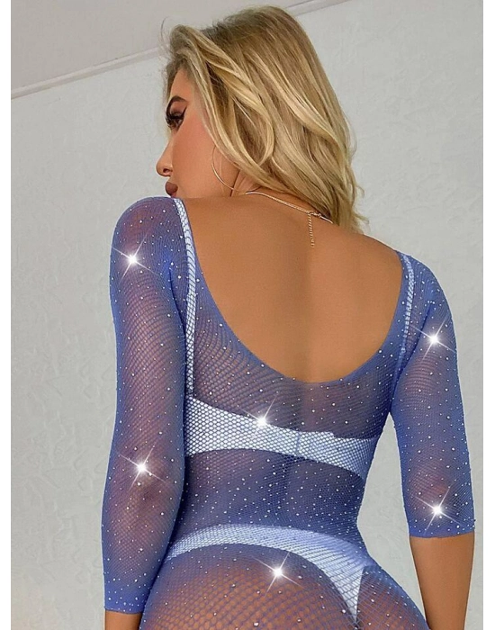 Özel Tasarım Taşlı Mavi Işıltılı Fantezi File Vücut Çorabı