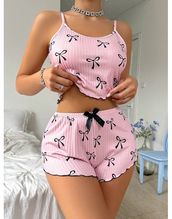 Pembe Fiyonklu Askılı Şortlu Kadın Pijama Takımı, Yumuşak Kumaş, Şık Detaylar,yazlık Kadın Pijama