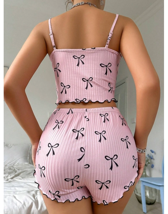 Pembe Fiyonklu Askılı Şortlu Kadın Pijama Takımı, Yumuşak Kumaş, Şık Detaylar,yazlık Kadın Pijama