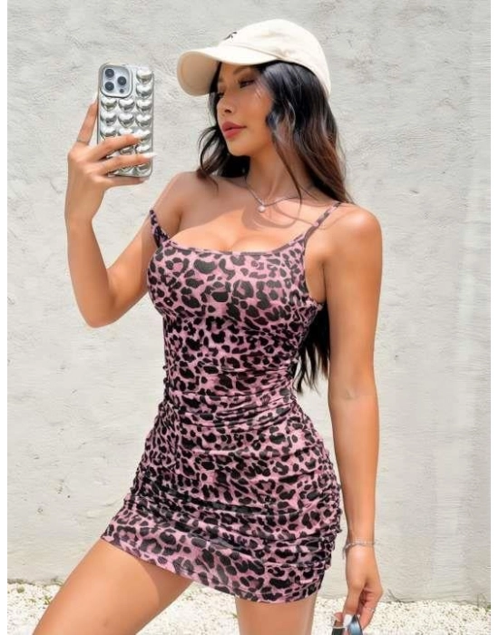 Pembe Leopar Desenli Büzgülü Fantezi Elbise